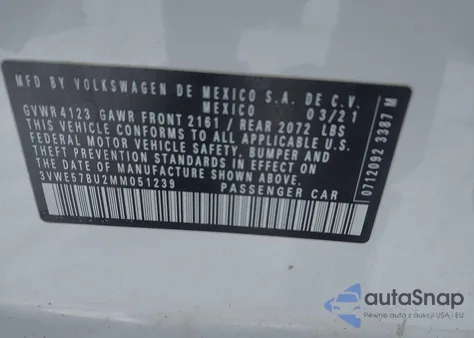 2021 Volkswagen Jetta 1.4T Sel z USA, uszkodzony, nr VIN 3VWE57BU2MM051239